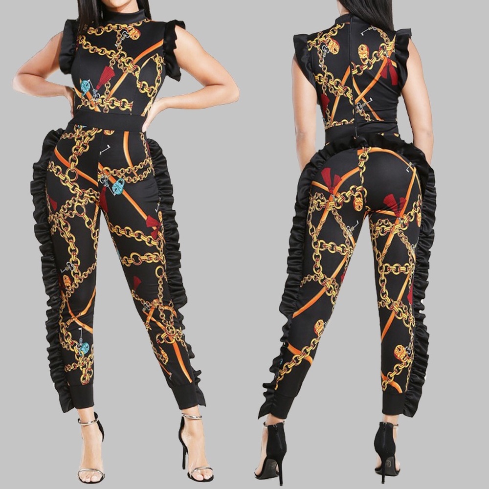 Short Sleeve Chain Pattern Jumpsuit